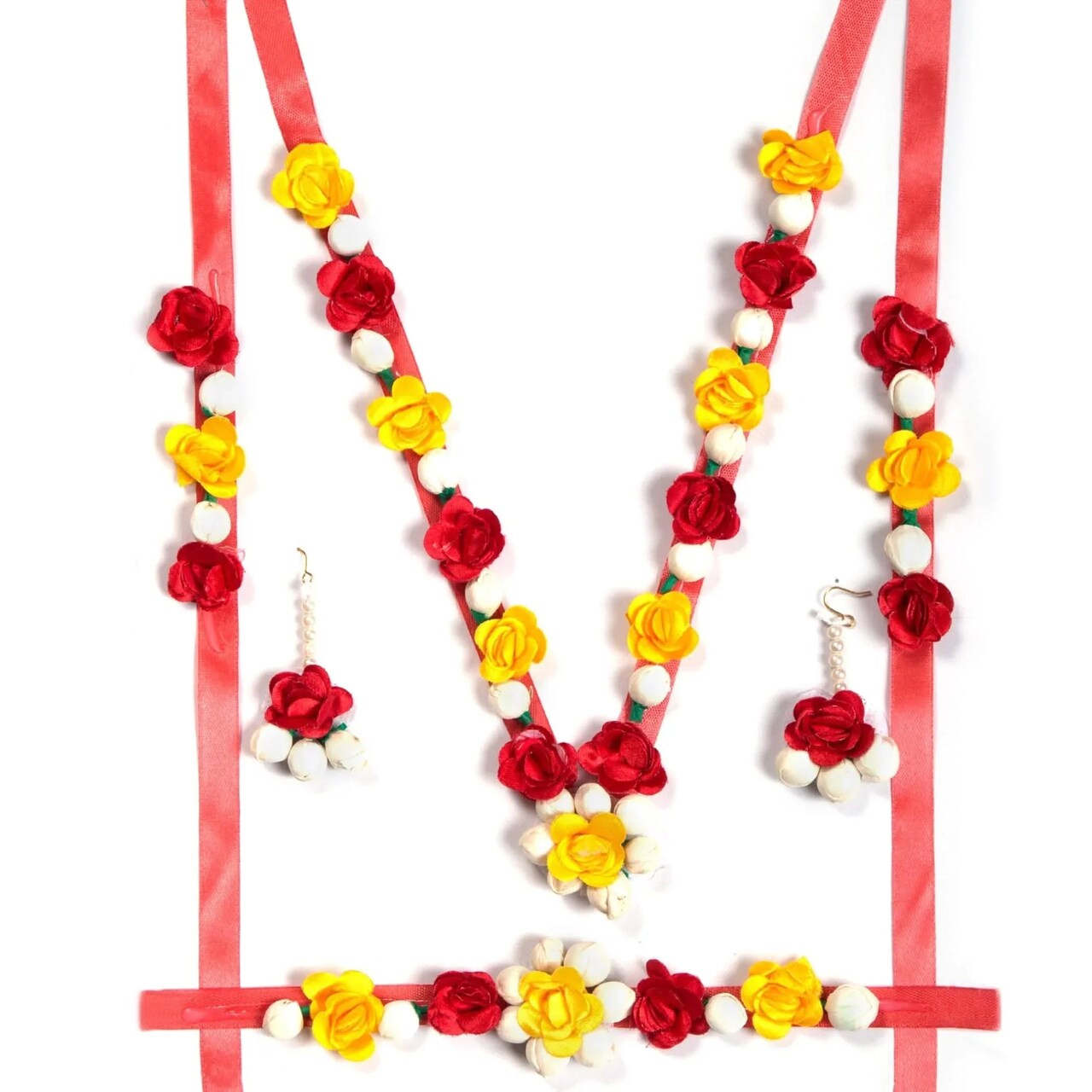 Flower Designer Jewelry Set for Women Handmade Necklace with Earrings Maang Tikka Wristbands Waistbelt Indian Artificial Jewelry for Haldi Mehndi Wedding Party Bridal